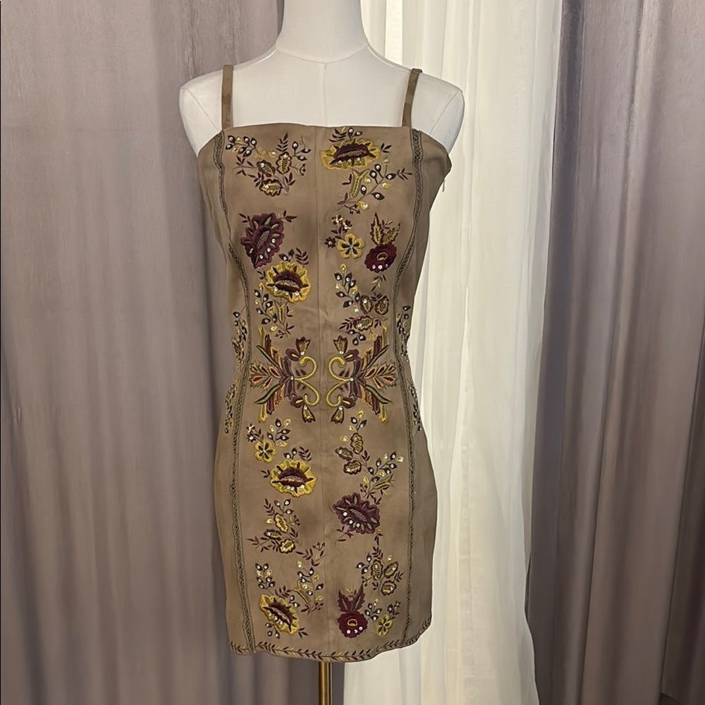 Haute Hippie genuine suede/silk lining embroidered/beaded mini dress, S